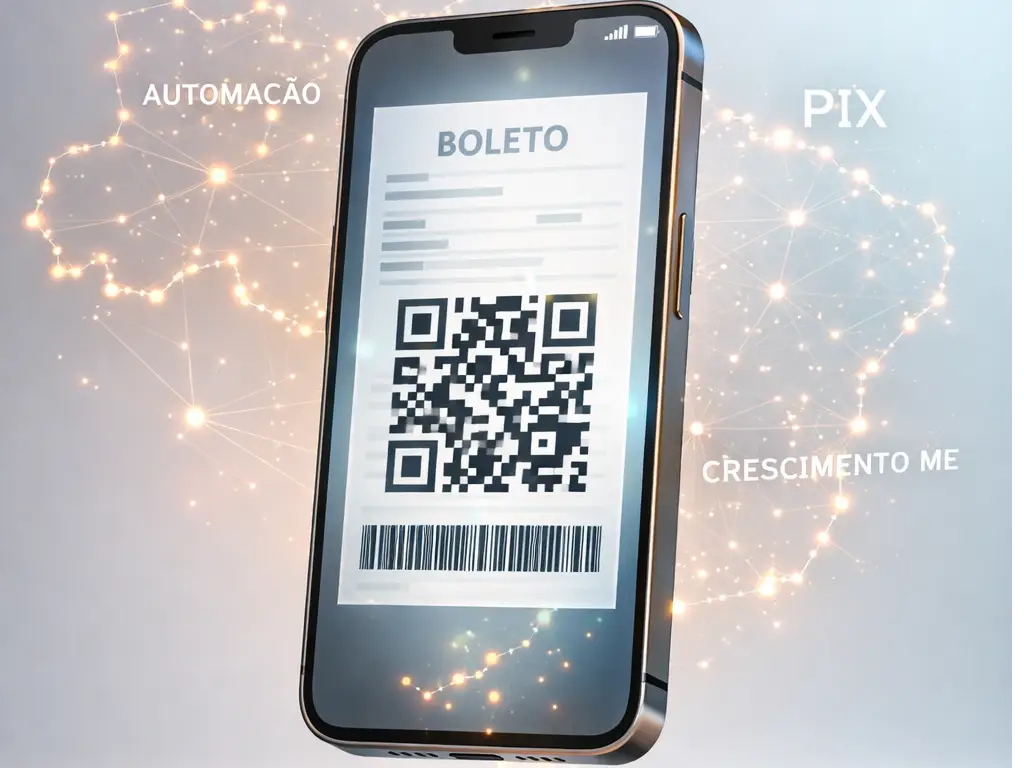 Smartphone exibindo boleto com QR Code Pix e automação financeira para MEI e microempresas em 2026.
