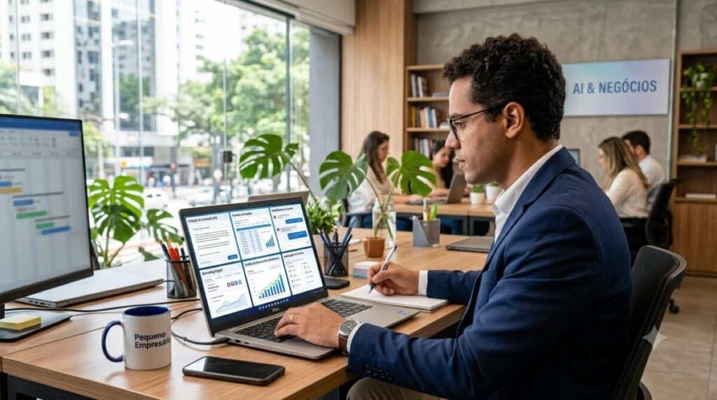 Empreendedor utilizando inteligência artificial para analisar dados, criar conteúdos e automatizar processos em um pequeno negócio utilizando ChatGPT e Claude.