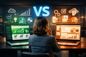 Empresário comparando duas inteligências artificiais em notebooks, com símbolo “VS” iluminado em azul e ambiente corporativo moderno.