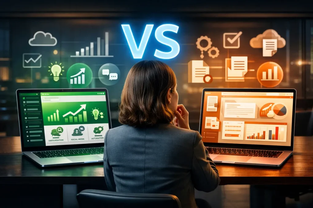 Empresário comparando duas inteligências artificiais em notebooks, com símbolo “VS” iluminado em azul e ambiente corporativo moderno.