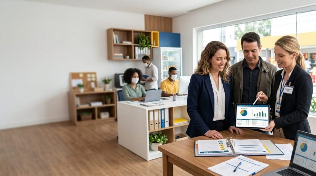 Uma consultora de segurança do trabalho sorrindo e apontando para gráficos e checklists em um tablet para um casal de microempresários. Eles estão em um escritório moderno, analisando documentos de conformidade sobre uma mesa de madeira. Ao fundo, funcionários trabalham em um ambiente de microempresa organizado. A imagem transmite profissionalismo e acolhimento com cores azul, branco e amarelo.