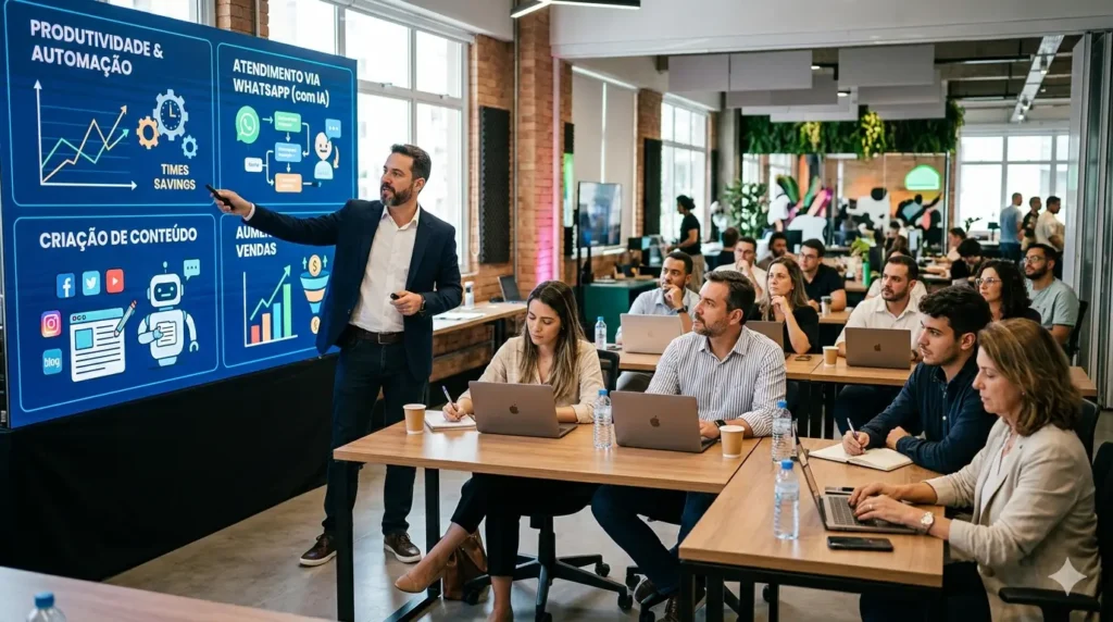Especialista em inteligência artificial conduzindo treinamento empresarial sobre automação, produtividade, criação de conteúdo e atendimento via WhatsApp com IA para profissionais e empreendedores.