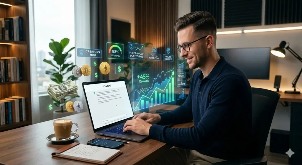 Profissional trabalhando em home office com ChatGPT aberto no notebook, utilizando inteligência artificial para gerar renda extra como freelancer em 2026.