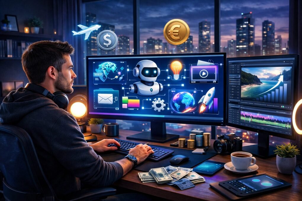 Freelancer utilizando inteligência artificial para criar conteúdo, editar vídeos e trabalhar para clientes internacionais