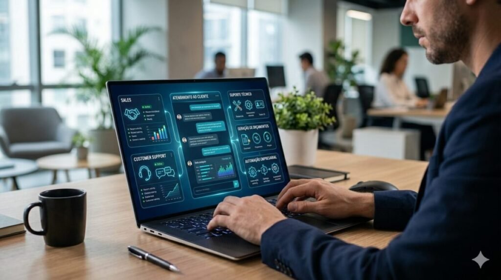 Profissional utilizando GPTs personalizados da OpenAI para automatizar atendimento, vendas e suporte empresarial por meio de agentes de inteligência artificial especializados.