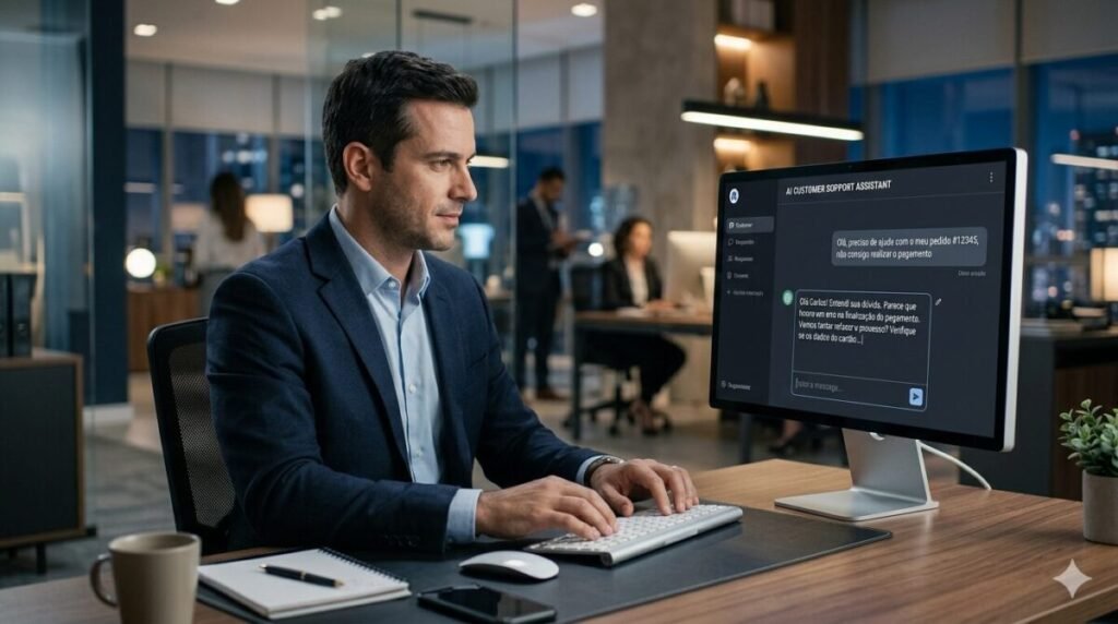 Profissional utilizando ChatGPT para automatizar atendimento ao cliente e responder solicitações de forma inteligente em 2026.