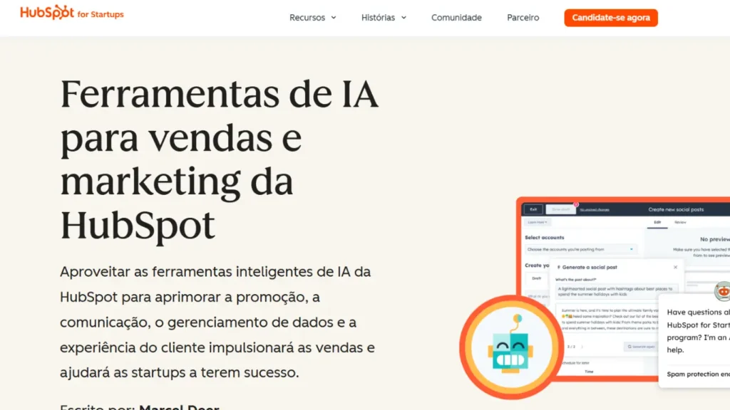 Tela da plataforma HubSpot AI mostrando ferramentas de inteligência artificial para automação de vendas, marketing, atendimento ao cliente e gestão de relacionamento.