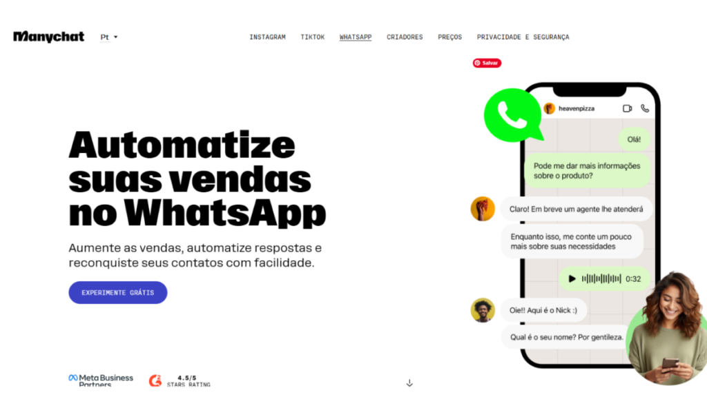 Imagem da plataforma ManyChat destacando recursos de automação para WhatsApp Business. A ferramenta permite criar fluxos inteligentes de atendimento, qualificar clientes automaticamente, responder mensagens em tempo real e apoiar estratégias de vendas para pequenos negócios, MEIs e empresas que desejam escalar o atendimento digital.