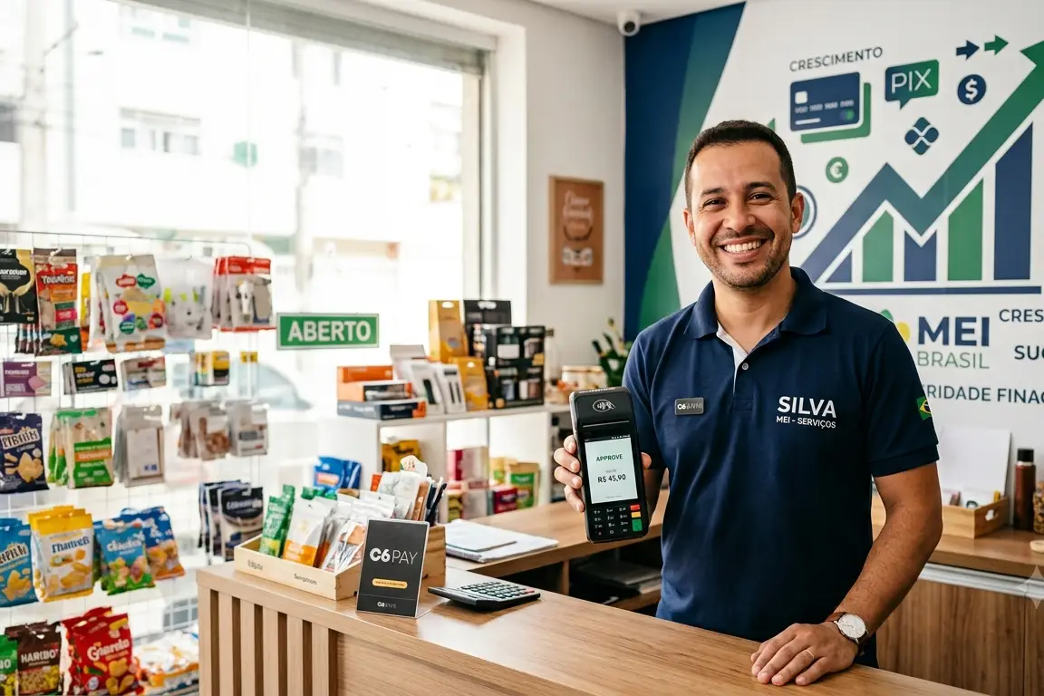 Empreendedor MEI utilizando maquininha de cartão em pequeno comércio para antecipar recebíveis e melhorar o fluxo de caixa em 2026.