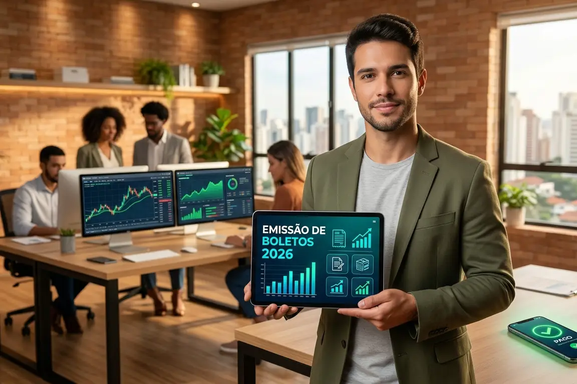Empresário apresentando plataforma digital para emissão de boletos em 2026 com dashboards financeiros e automação de cobranças para microempresas.
