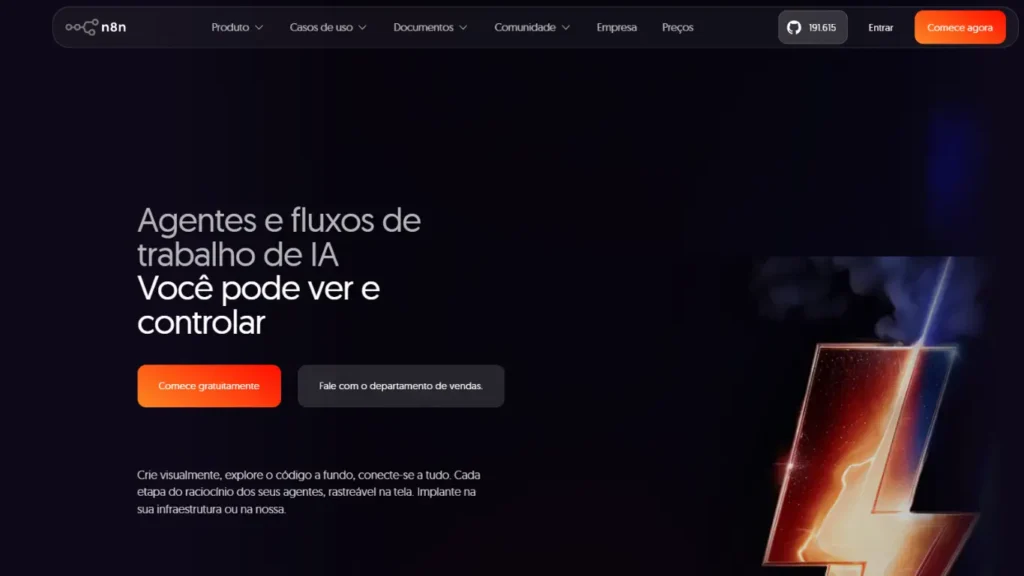 Tela da plataforma N8N exibindo agentes de inteligência artificial e automação de fluxos de trabalho personalizados para vendas, atendimento e integração de sistemas.