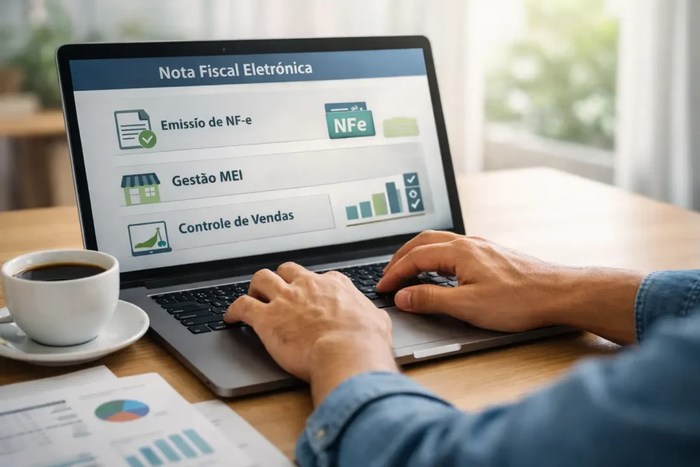 MEI emitindo nota fiscal eletrônica em notebook com sistema de emissão de NF-e e controle de vendas em 2026.