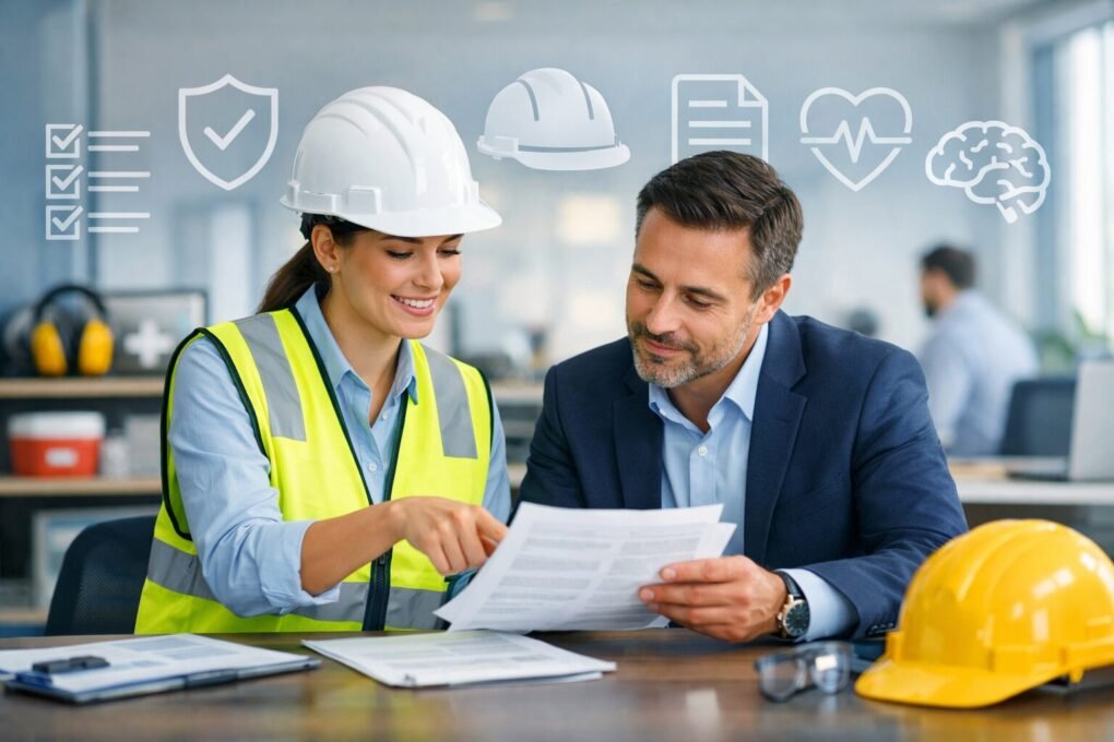 Imagem fotorealista mostrando uma profissional de segurança do trabalho com capacete branco e colete refletivo orientando um pequeno empresário em um ambiente corporativo moderno e iluminado, analisando documentos de conformidade e normas de segurança. Ao fundo, funcionários trabalham em escritório com equipamentos de proteção e ícones sutis de checklist, escudo, capacete, documento, coração e cérebro simbolizando segurança física e saúde mental.