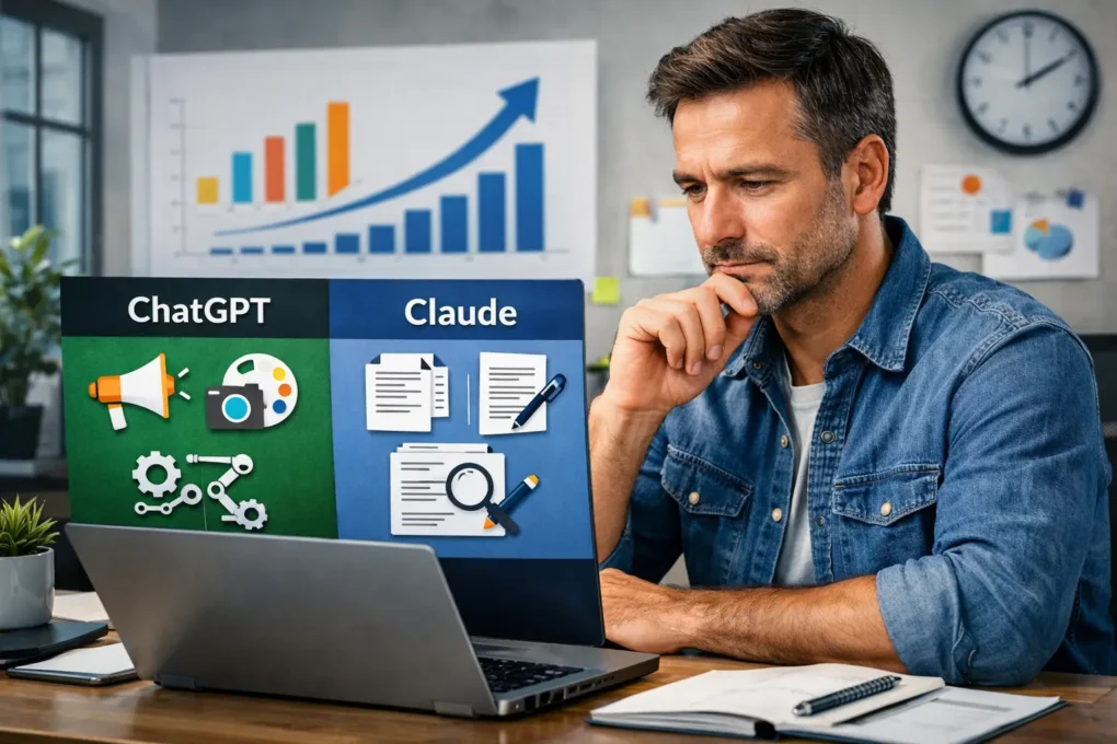 Empreendedor comparando ChatGPT e Claude para escolher a melhor inteligência artificial para um pequeno negócio em 2026.