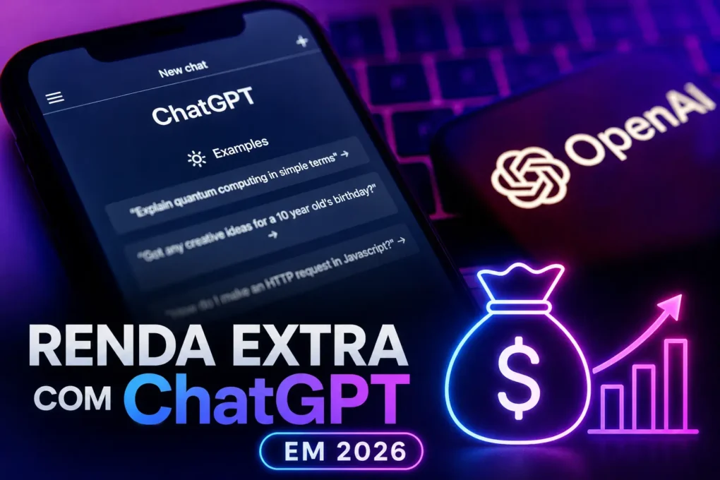 Renda extra com ChatGPT em 2026 usando inteligência artificial para criar conteúdo, produtos digitais e serviços online.