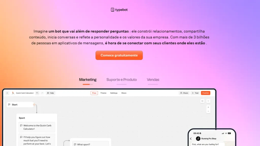Interface do Typebot mostrando a criação de fluxos automatizados para atendimento ao cliente, captação de leads e vendas com inteligência artificial.