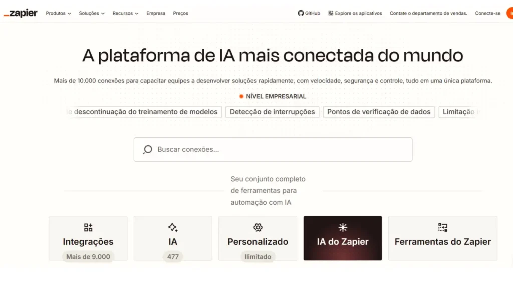 Tela da plataforma Zapier AI mostrando integrações, automação de processos e conexão entre aplicativos para otimizar vendas e atendimento empresarial.