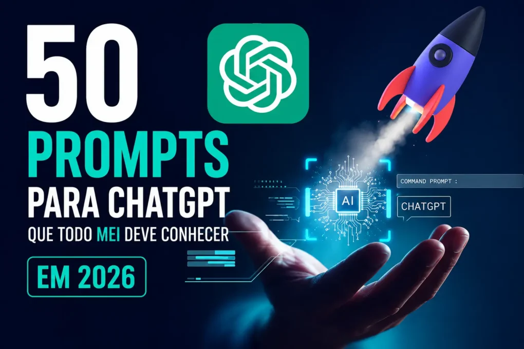 Ilustração sobre 50 prompts para ChatGPT que ajudam MEIs a aumentar a produtividade em 2026, com logo do ChatGPT, foguete e elementos de inteligência artificial.
