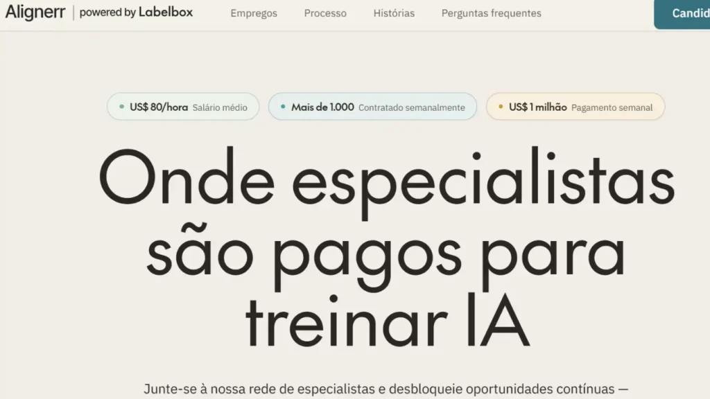 Página inicial da plataforma Alignerr mostrando oportunidades para especialistas ganharem dinheiro treinando modelos de Inteligência Artificial.