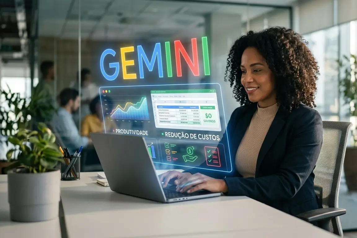 Empresária utilizando o Google Gemini no notebook para automatizar tarefas, analisar dados e aumentar a produtividade do negócio com inteligência artificial.