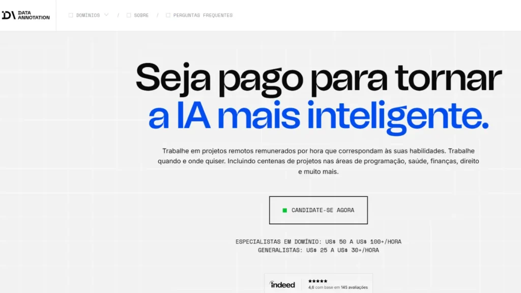 Página inicial da DataAnnotation.tech oferecendo trabalho remoto remunerado para treinar modelos de Inteligência Artificial.