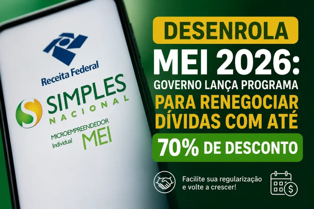 Banner do Desenrola MEI 2026 mostrando programa do Governo Federal para renegociação de dívidas do Microempreendedor Individual (MEI), com descontos de até 70%, parcelamento facilitado e regularização do CNPJ.