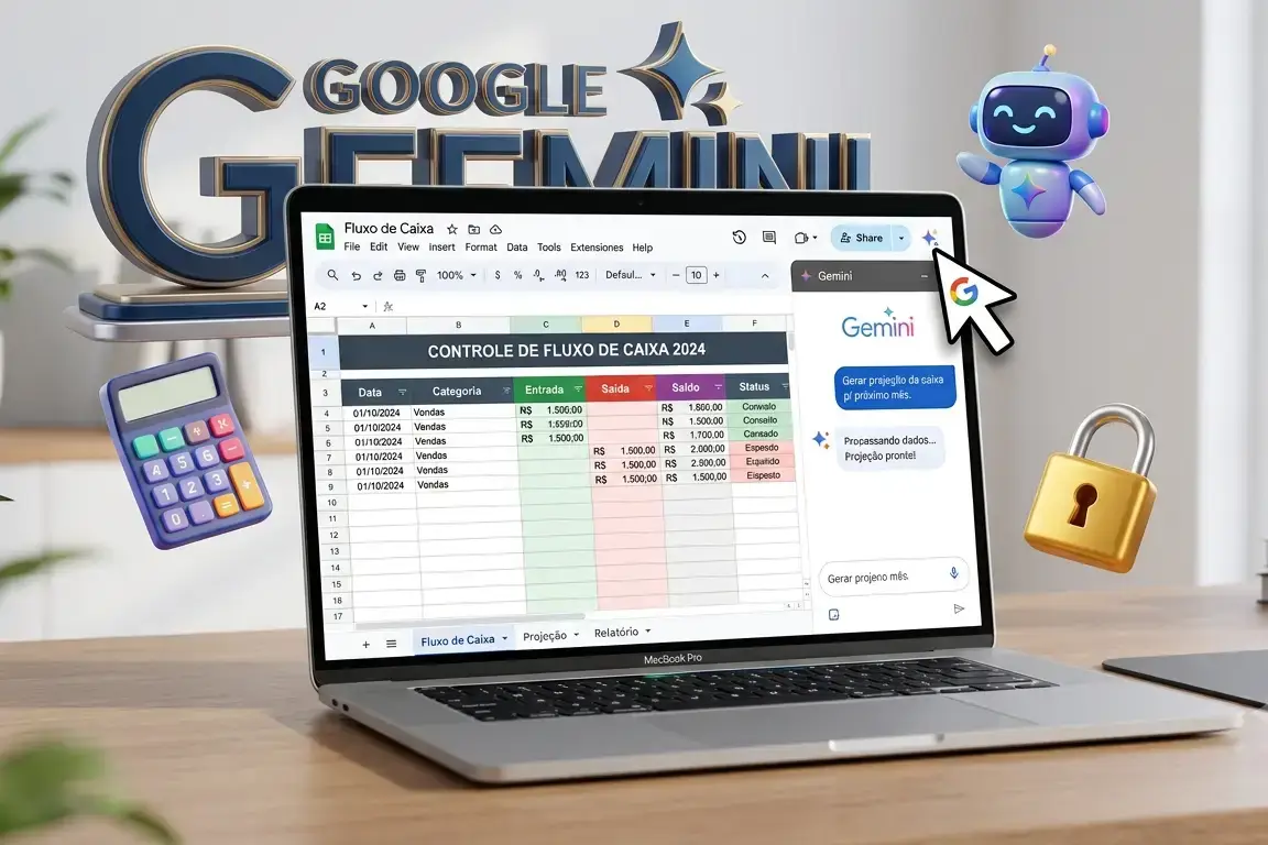 Renderização 3D de um laptop aberto em uma planilha do Google Sheets para controle de fluxo de caixa, com a barra de ferramentas do Google Gemini ativada e ícones flutuantes de calculadora e cadeado, representando automação e segurança financeira para MEI.