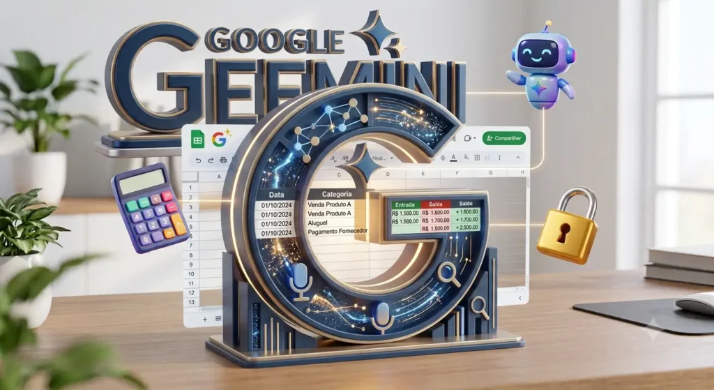 Ilustração 3D conceitual em um escritório moderno, mostrando uma grande estrutura central 'G' do Google com circuitos de dados luminosos e uma planilha do Google Sheets integrada. A planilha exibe dados financeiros detalhados (Entrada, Saída, Saldo). Acima, o letreiro 3D 'GOOGLE GEMINI'. Ao redor flutuam ícones de uma calculadora, um cadeado dourado e um robô assistente de IA roxo, conectados por linhas de dados, representando automação e segurança financeira para Workspace e MEI.
