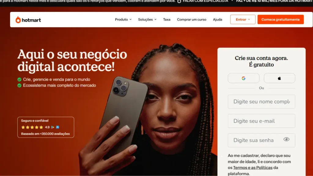 Página inicial da Hotmart mostrando a plataforma para criar, publicar e vender e-books, cursos online e infoprodutos, utilizada por MEIs e empreendedores digitais.