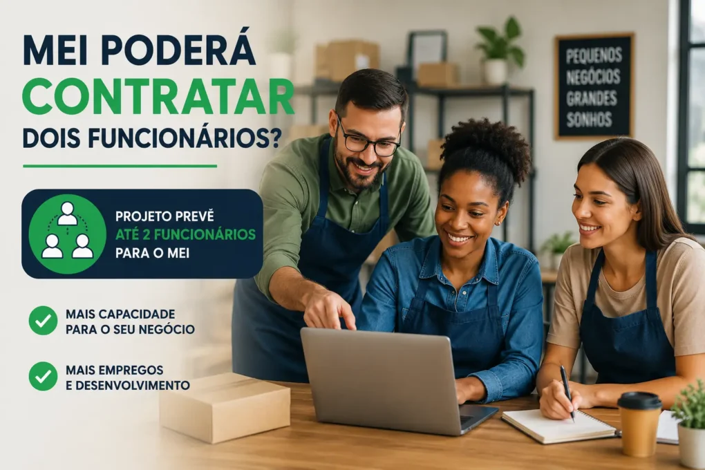 Equipe de três pessoas trabalhando em um pequeno negócio, ilustrando a proposta que permite ao MEI contratar até dois funcionários caso o projeto seja aprovado pelo Congresso.