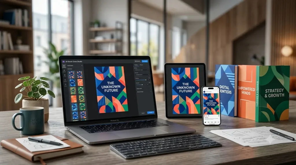 Notebook, tablet e smartphone exibindo ferramentas de Inteligência Artificial para criar capas profissionais de e-books em 2026, ao lado de livros com design moderno.
