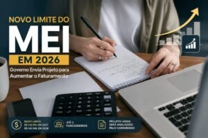 Pessoa organizando as finanças ao lado de notebook e calculadora, ilustrando o projeto do Governo Federal que aumenta o limite de faturamento do MEI para R$ 110 mil em 2027 e R$ 140 mil em 2028.