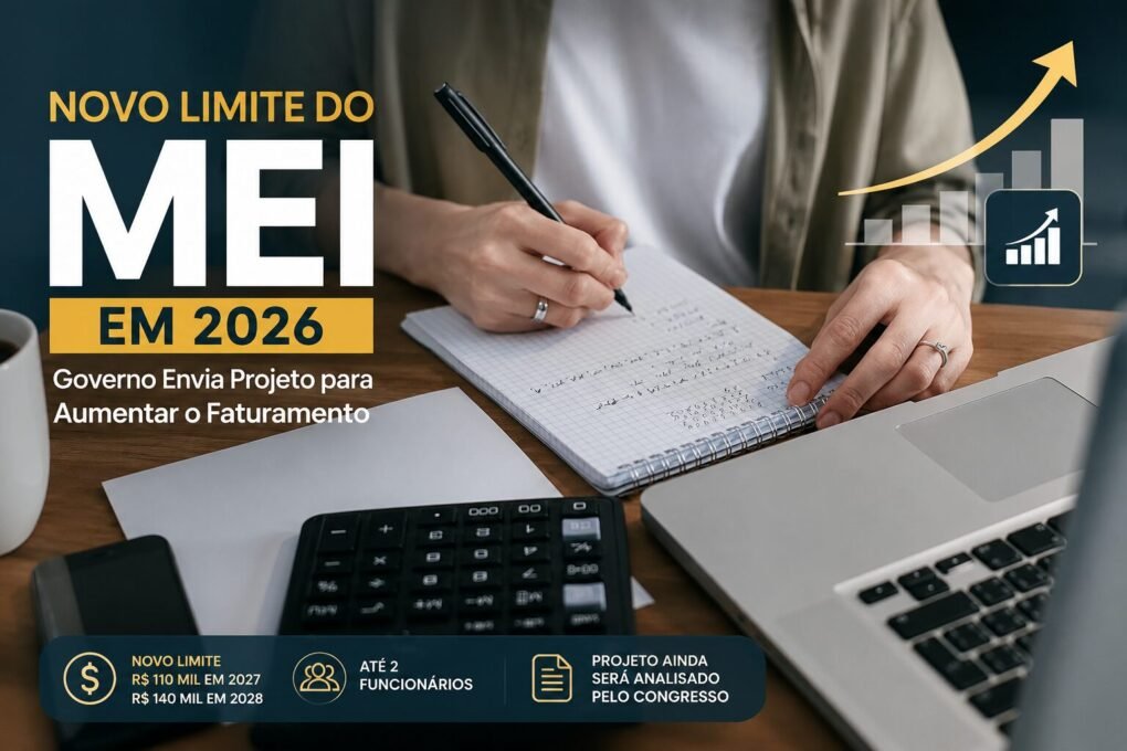 Pessoa organizando as finanças ao lado de notebook e calculadora, ilustrando o projeto do Governo Federal que aumenta o limite de faturamento do MEI para R$ 110 mil em 2027 e R$ 140 mil em 2028.