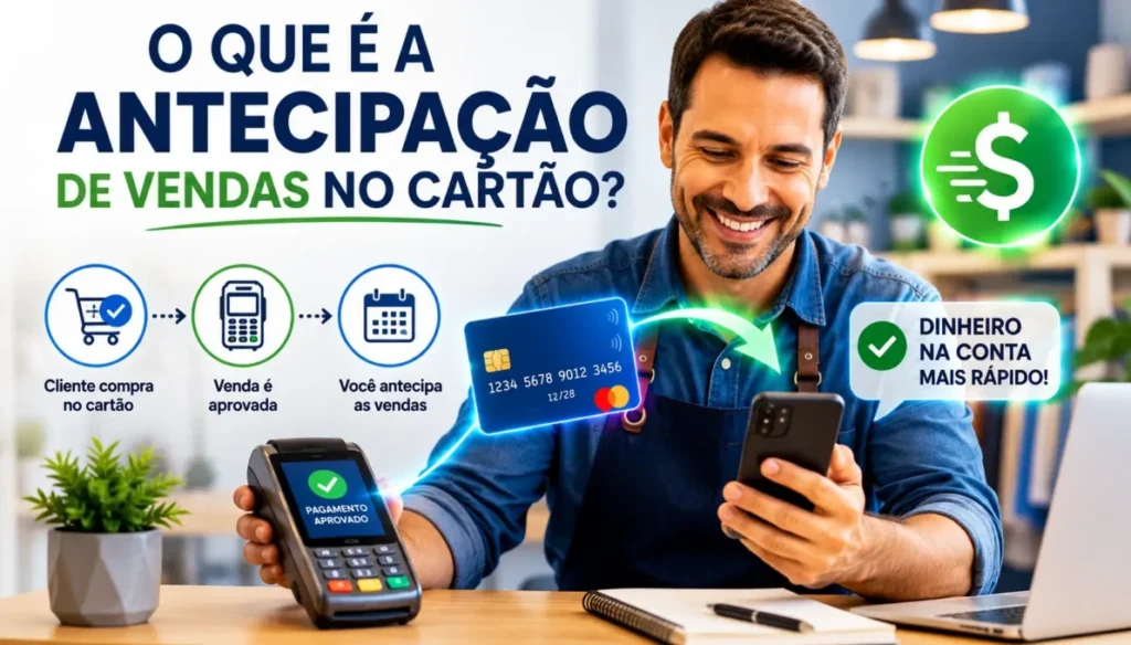 Empreendedor MEI utilizando maquininha de cartão para ilustrar como funciona a antecipação de vendas e o recebimento antecipado de recebíveis.