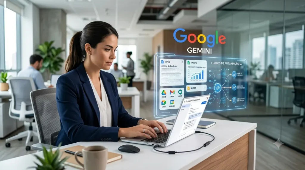 Profissional utilizando o Google Gemini integrado ao Google Workspace para analisar documentos, planilhas e automatizar tarefas empresariais com inteligência artificial.