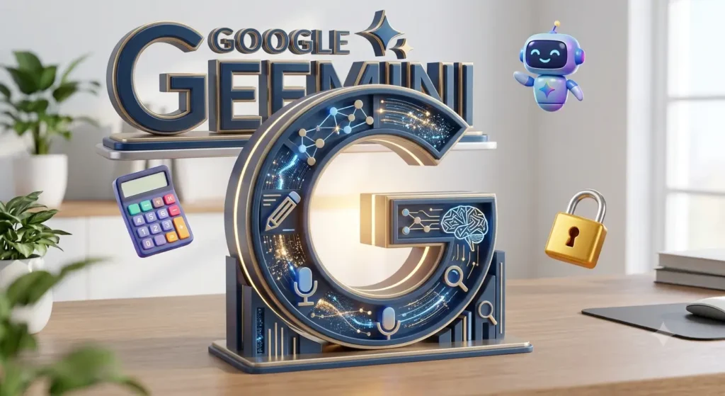 Ilustração 3D conceitual mostrando uma grande letra G do Google estilizada com circuitos digitais luminosos e ícones de cérebro artificial, lápis e microfone, representando o ecossistema de inteligência artificial Google Gemini em um ambiente corporativo.