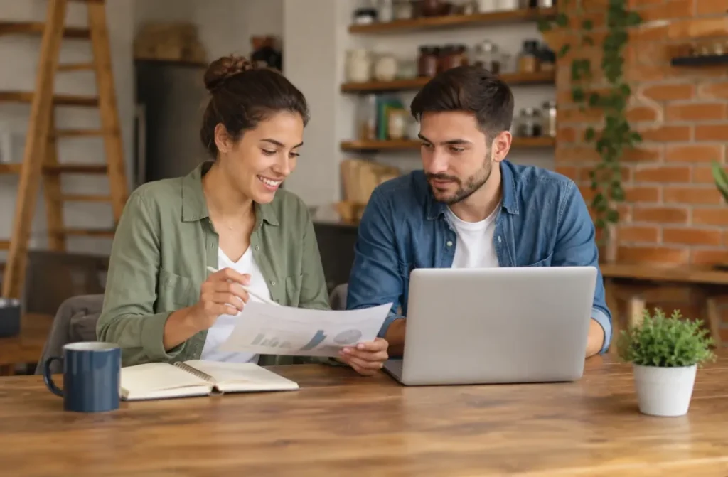 Empreendedores analisando documentos e utilizando notebook para entender como funciona o Simples Nacional para MEI e Microempresa.