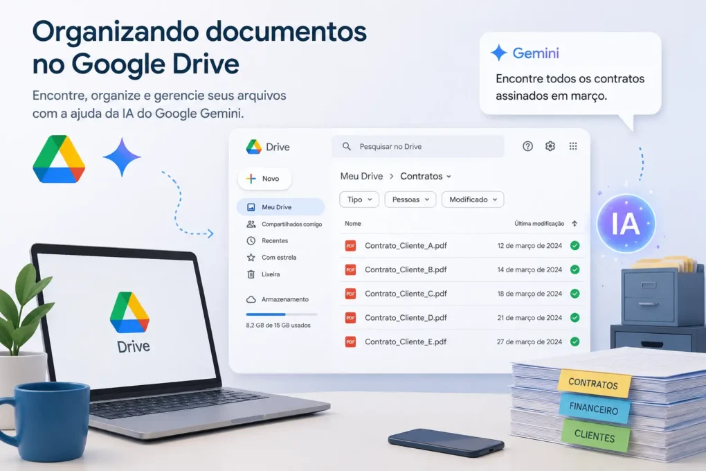 Google Gemini organizando documentos no Google Drive para MEI com Inteligência Artificial e busca inteligente de arquivos.
