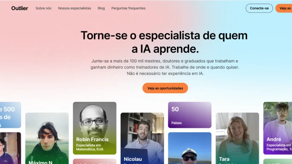 Página inicial da Outlier AI apresentando oportunidades de trabalho remoto para treinar modelos de Inteligência Artificial.