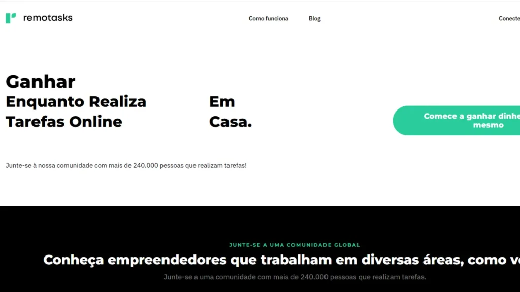 Página inicial da plataforma Remotasks mostrando oportunidades para ganhar dinheiro realizando tarefas online e treinando Inteligências Artificiais.