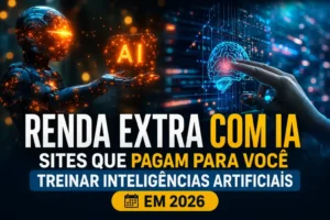Renda extra com IA em 2026: ilustração mostrando um robô e um cérebro digital representando sites que pagam para treinar Inteligências Artificiais.