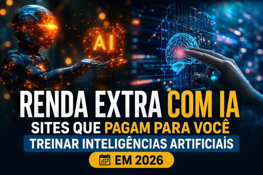 Renda extra com IA em 2026: ilustração mostrando um robô e um cérebro digital representando sites que pagam para treinar Inteligências Artificiais.