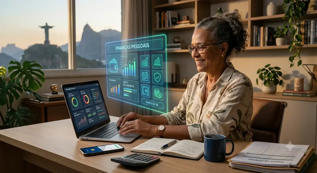 Mulher acima de 50 anos utilizando Inteligência Artificial para controlar finanças pessoais em notebook com painel financeiro digital.