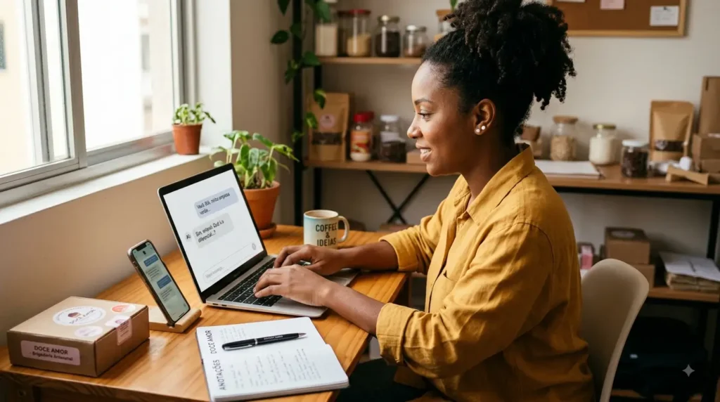 Empreendedora usando IA para explicar informações sobre seu negócio