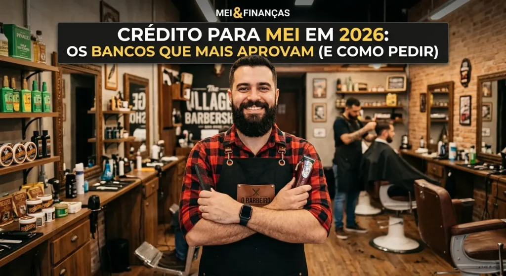 Barbeiro sorridente com avental preto e camisa xadrez vermelha, de braços cruzados em sua barbearia, representando o microempreendedor individual buscando crédito para MEI em 2026.