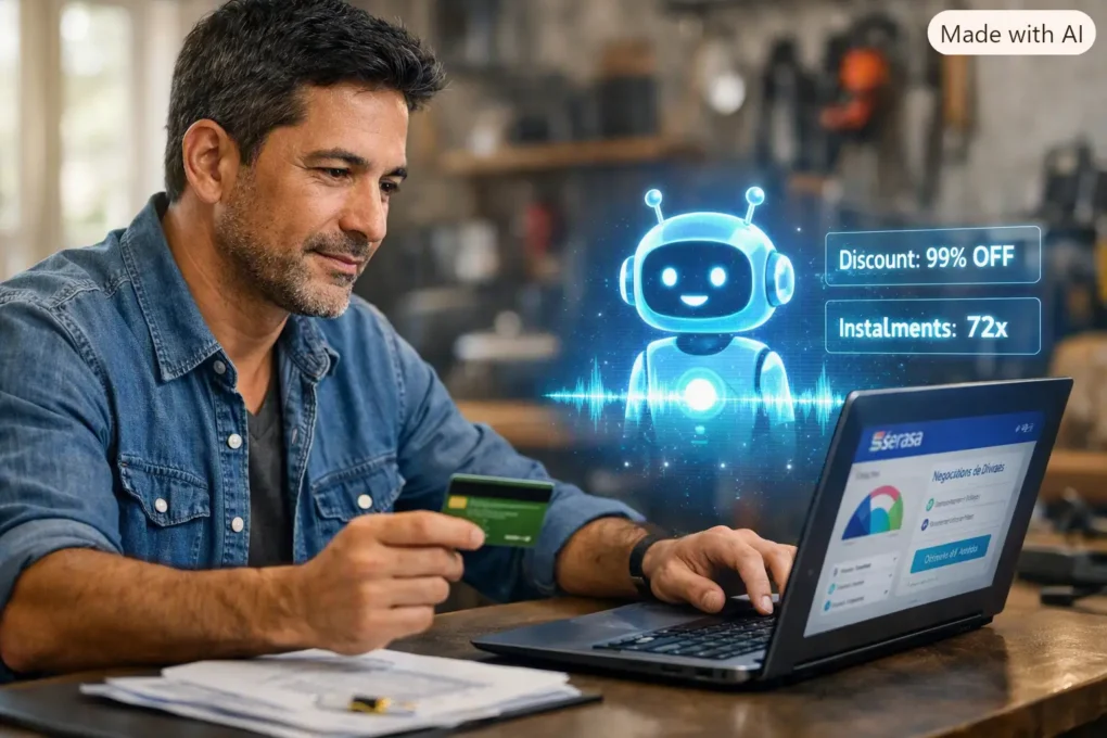 Empreendedor brasileiro MEI negocia dívidas com assistente de IA holográfico — Serasa App