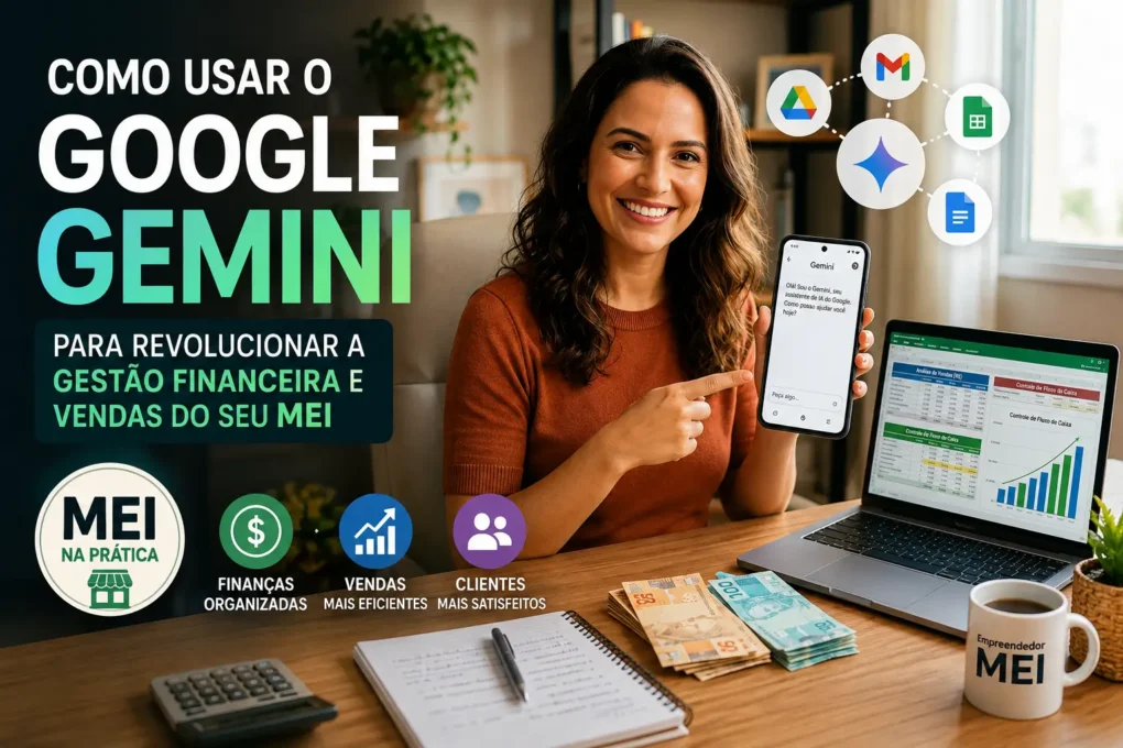Google Gemini para MEI ajudando na gestão financeira, organização do fluxo de caixa, vendas e produtividade do pequeno negócio.