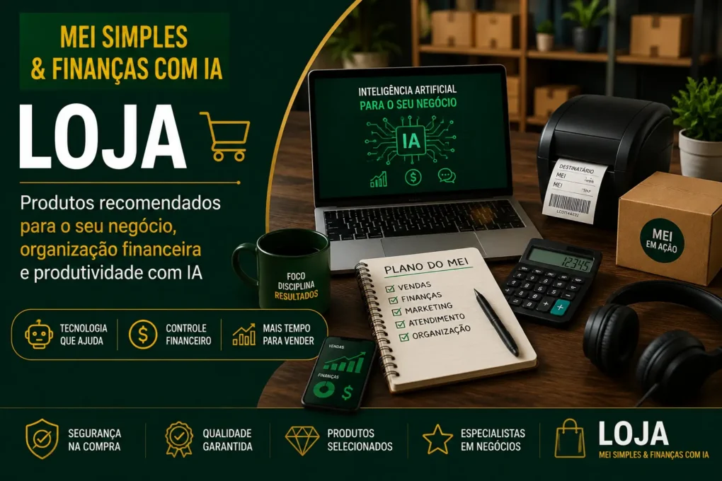 Loja MEI Simples com produtos para organização financeira, tecnologia, vendas e produtividade com IA