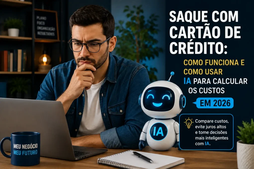 Saque com cartão de crédito e uso de IA para calcular custos, juros e comparar alternativas em 2026.