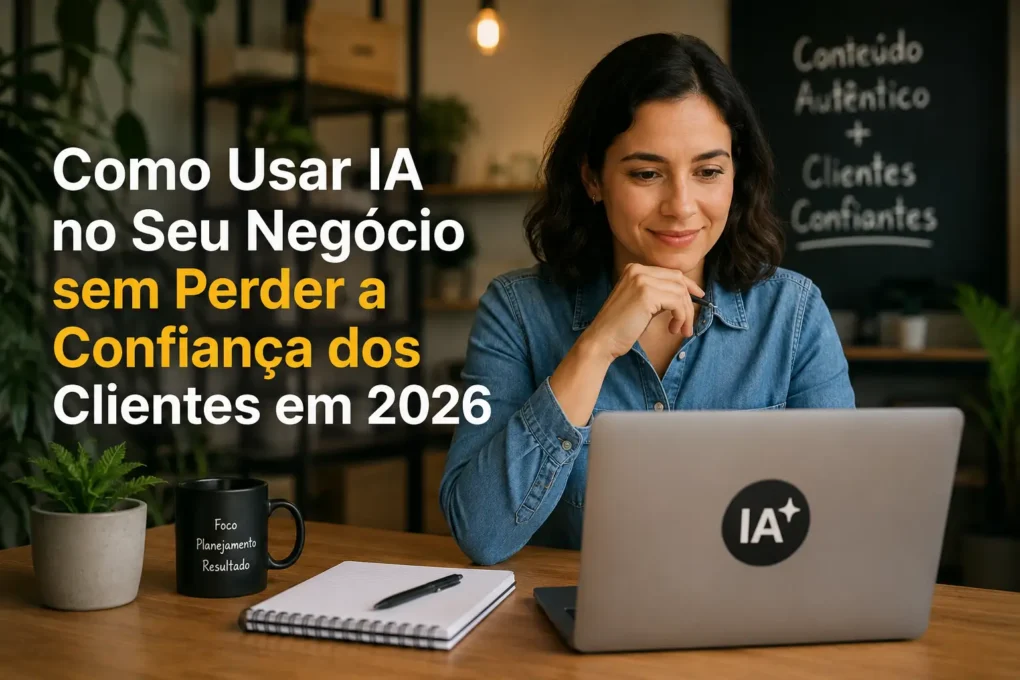 Empreendedora utilizando Inteligência Artificial no notebook para aumentar a produtividade do pequeno negócio sem perder a confiança dos clientes.